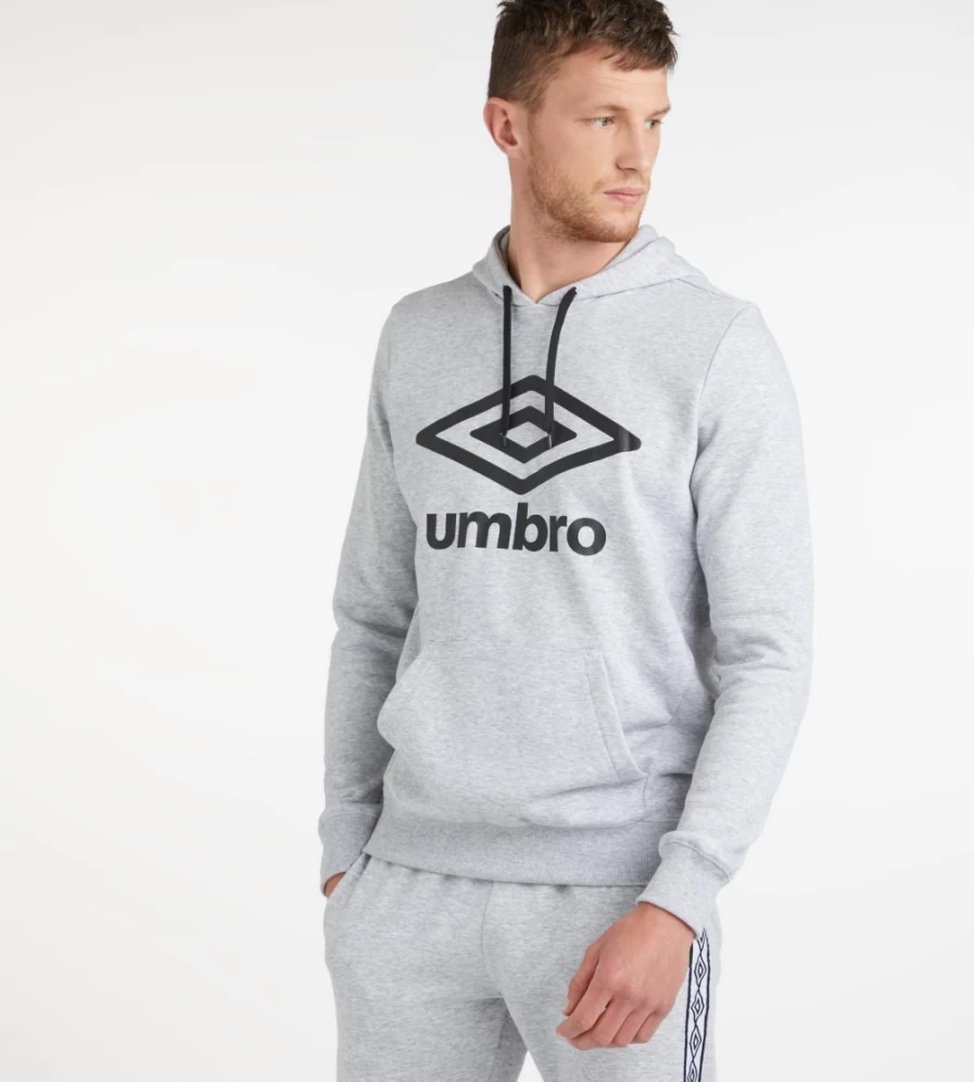 Umbro Men's Grey Marl & Black Loopback Hoodie with Large Logo