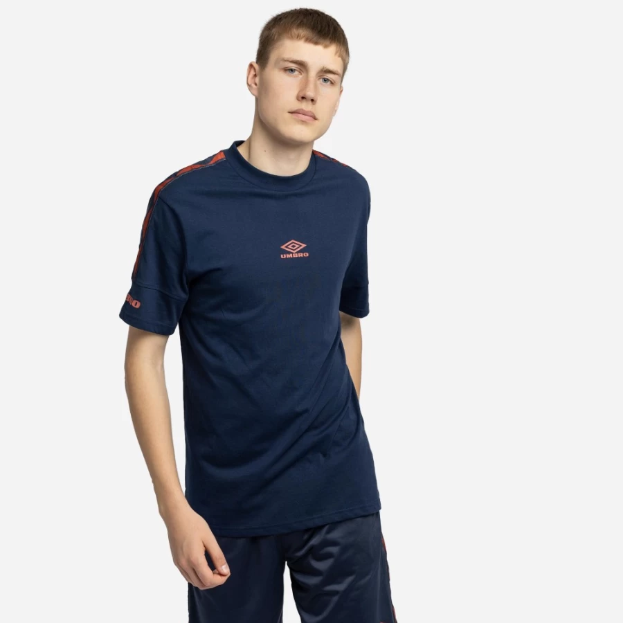 Umbro Men's Diamond Taped Crew Tee in Indigo Mood & Hot Sauce Colors