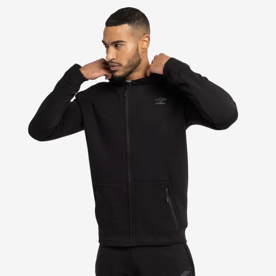 Umbro Men's Pro Fleece Elite Black Hooded Jacket - Warm & Comfortable Fleece Pullover